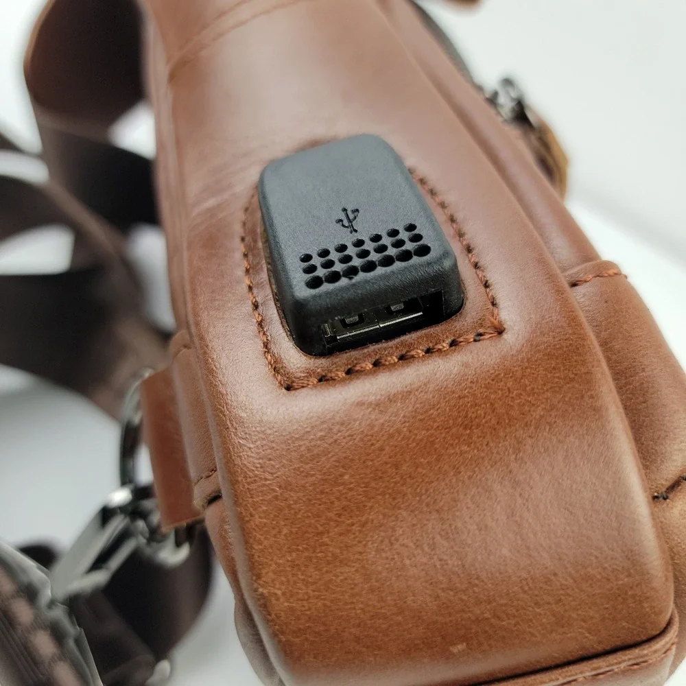 Bullcaptain Mens Brown Leather Sling Bag Crossbody Backpack with USB Port